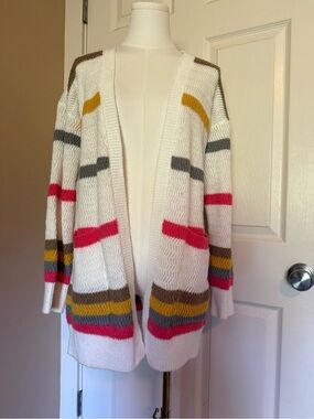 Open-Front White Multi-Stripe Knit Cardigan